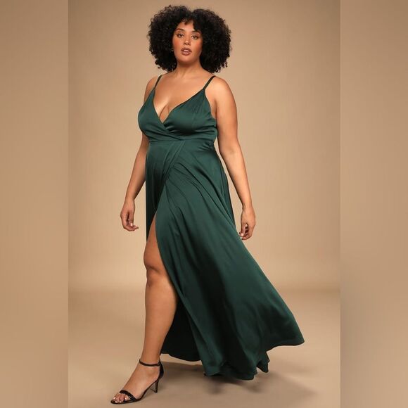 Lulus Ode To Love Emerald Green Satin Maxi Dress Sz S Spaghetti straps - Picture 9 of 12
